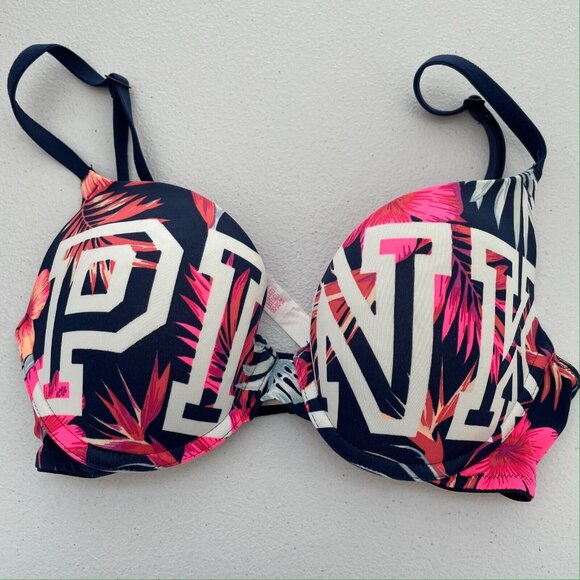 VICTORIAS SECRET PINK BRA 32C Padded Push Up Wear Everywhere Pink Spellout - Picture 4 of 9